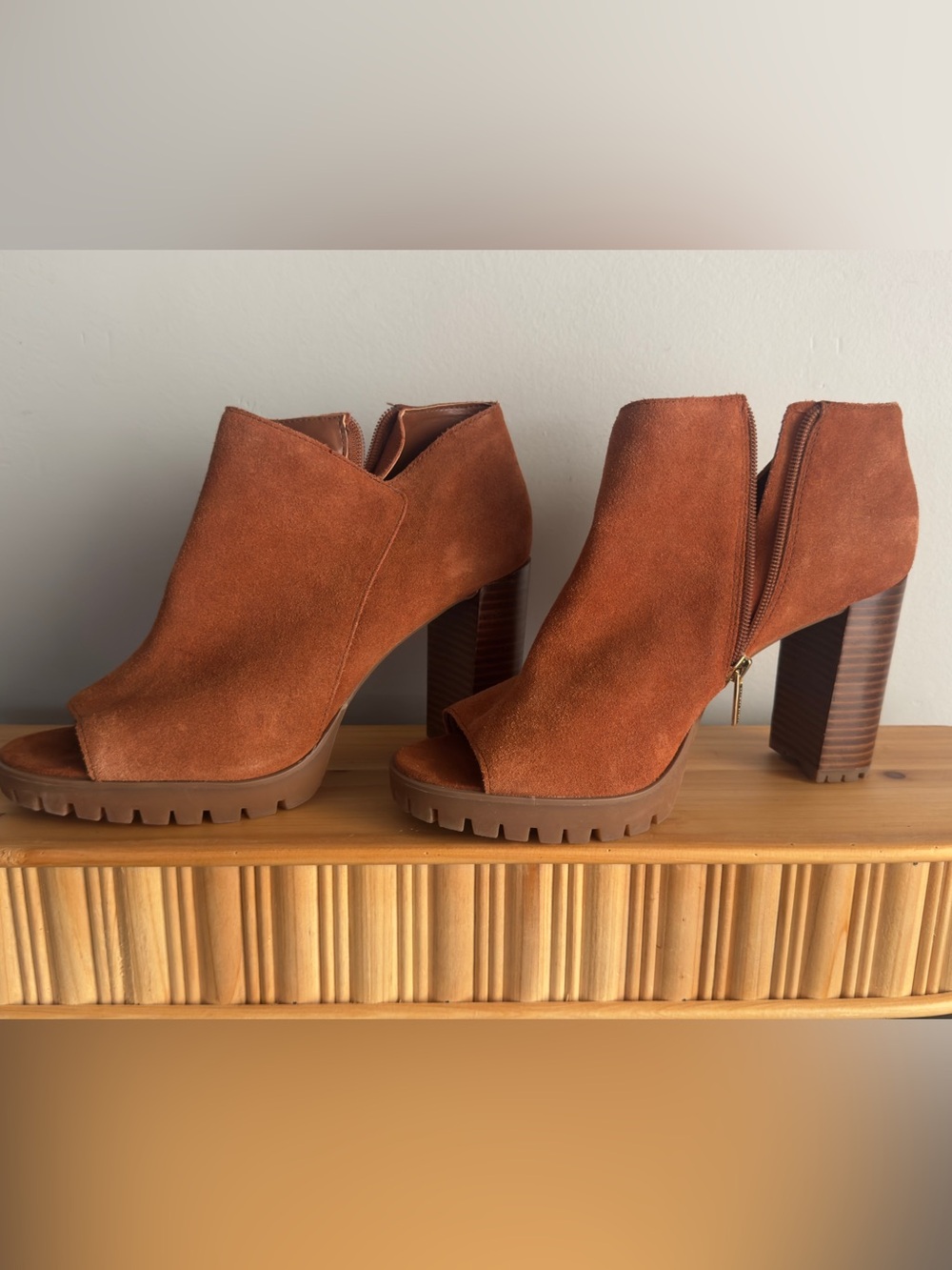 Vince Camuto Havana Suede Peep Toe Ankle Bootie.